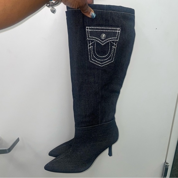 True Religion Shoes - True Religion Dark Blue Denim Knee-High Boots